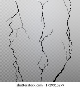 Wall cracks on transparent checkered background. Vector illustration.