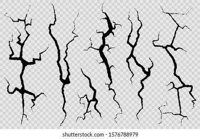 Wall cracks. Surface fracture structure, cleft broken dry lining wall or destroyed cracked glass, earthquake destruction vector cracking isolated abstract set