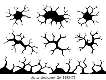Wall cracks texture. Hole lines on earth or ice isolated on white background. Ground earthquake effect. Destruction scratch. Vector set.