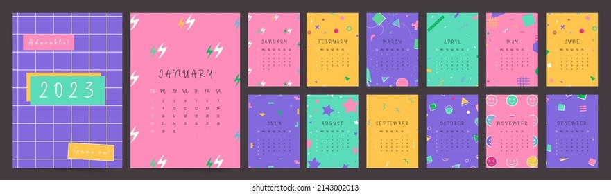 Wall creative 2023 year calendar with gaming geometric pattern design. Colorful vector abstract child calendar template for 12 months. Monthly cute fun 2023 calendar. 