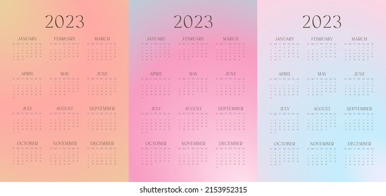Wall creative 2023 year  one page calendar and blurred gradient  Colorful cute template for 12 months  Yearly cute fun 2023 calendar set 