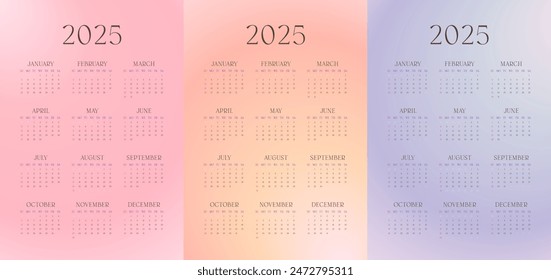 Wall creative 2025 year one page calendar with elegant gradient. 