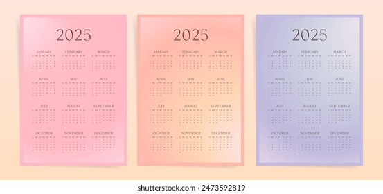 Calendario 2025 año de una página creativa de la pared con degradado borroso. Colorida Plantilla linda durante 12 meses. Conjunto de calendario 2025 lindo anual.