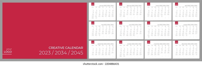 Wall creative calendar 2023 2034 2045 years. Editable vector template. Elegant grid. Week start on monday.