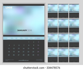 Wall Dark Monthly Calendar 2016. Vector Template. Week Starts Mo