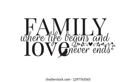 Wall Decals, Family where life begins, and love never ends, Bird Silhouette and Branch with hearts, Wording, Lettering Design, Art Decor, isolated on white background