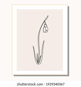 Wall decor concept. Snowdrop. Cozy interior. Vector illustration in graphic style.