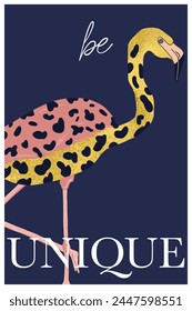 Wall decor in minimalistic style with quote "Be Unique". Poster with pink flamingo in trendy leopard print style. Fashion flamingo art in modern boho style. 