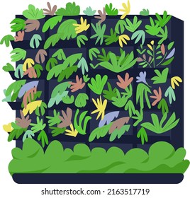 Pared decorada con flores objeto vector de color semiplano. Elemento de tamaño completo sobre blanco. Flores en flor. Jardinería urbana simple ilustración de estilo de caricatura para diseño gráfico web y animación
