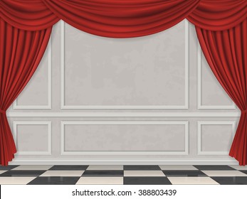 Wall decorated moulding panels, checkered floor and red curtain. Vector interior background.