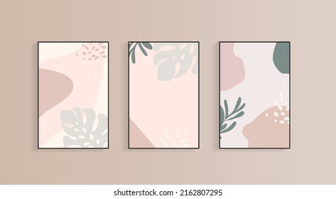 Wall decoratio in minimaist style. Set of Floral abstract wallpapers for nursery or bedroom in light colors.