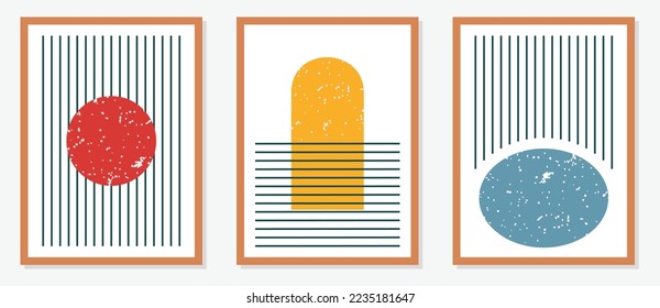 Wall decoration of abstract retro aesthetic concept art with geometric pattern. Minimal 20s geometric design poster set, vector templates with primitive shape elements, modern hipster style.