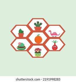 Decoración de paredes con marco formado por plantas de cactus, dinosaurios en miniatura, cebollas y naranjas