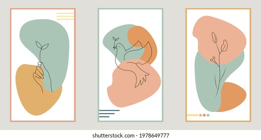 Wall decoration minimalist aesthetic botanical nature frame with one line art object on abstract background