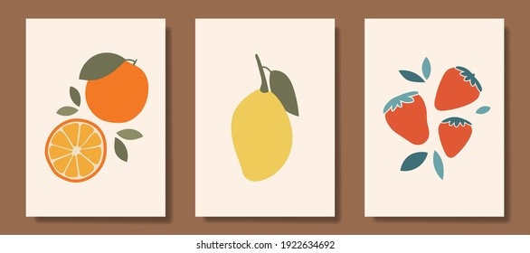 Wall decoration vector set. Abstract art image of fruits in pastel colors. Abstract Art designs for prints, covers, wallpapers, wall art. Minimal and natural. Vector illustration.