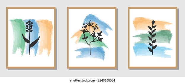 Conjunto de vectores de decoración de pared. imagen artística de hojas dibujadas a mano y de plantas. Resumen Diseño de arte vegetal para impresión, cubierta, papel pintado, arte de pared mínimo y natural. Ilustración vectorial.
