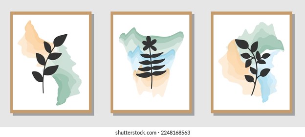 Wall decoration vector set. art image of hand drawn and plant leaves. Abstract Plant Art design for print, cover, wallpaper, Minimal and natural wall art. Vector illustration.
