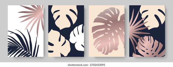 Conjunto de Vector de decoración de pared. Hojas de palma tropical y hojas de monstera de diseño lujoso con Elementos de oro rosa