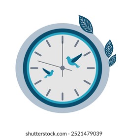 Wall decorative clock in flat design. Round clock with birds and leaves. Vector illustration isolated.