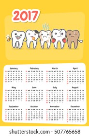 Wall dental calendar 2017. New year stomatology planner. Funny cartoon teeth and oral hygiene concept. Toothcare. Week starts Sunday. Horizontal orientation. Vector Illustration