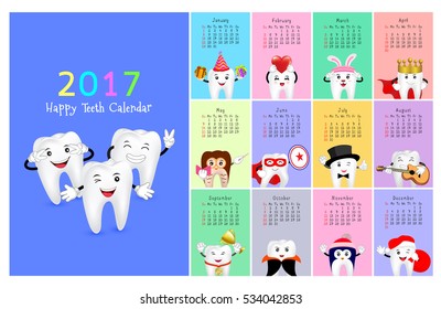 Wall Dental Calendar. New Year Planner. Funny Cartoon Teeth And Oral Hygiene Concept. Tooth Care Illustration. Week Starts Sunday.