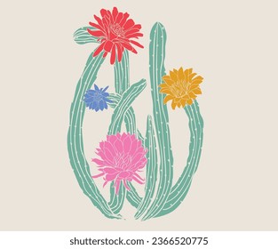 Wall desertion art. Cactus flower graphic print for apparel, t shirt, sticker, poster, wallpaper and others. Feel the sunset. Desert cactus artwork. 