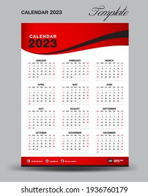 Wall desk calendar 2023 template, desk calendar 2023 design, Week start Sunday, business flyer, Set of 12 Months, Week starts Sunday, organizer, planner, printing media, red wave background, vector 