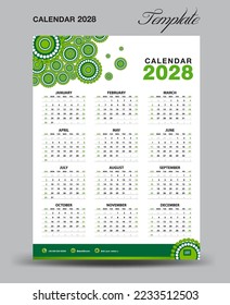 Wall desk calendar 2028 template, desk calendar 2028 design, Week start Sunday, business flyer, Set of 12 Months, Week starts Sunday, organizer, planner, printing media, green background, vector 