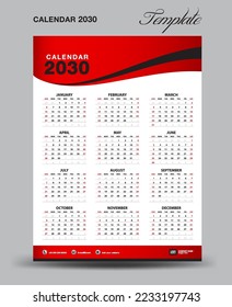 Wall desk calendar 2030 template, desk calendar 2030 design, Week start Sunday, business flyer, Set of 12 Months, Week starts Sunday, organizer, planner, printing media, red wave background, vector 