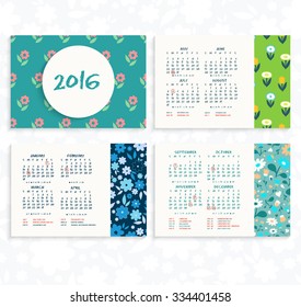 Wall or desk calendar in minimalistic floral style. Vector illustration. 2016 calendar grid. Simple template