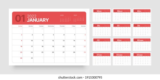 Wall or desk calendar template for 2022 with week start on Sunday.