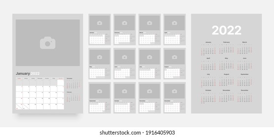 Wall or desk calendar template for 2022 with week start on Sunday. Planner diary with Place for Photo.