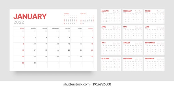 Wall or desk calendar template for 2022 with week start on Sunday.