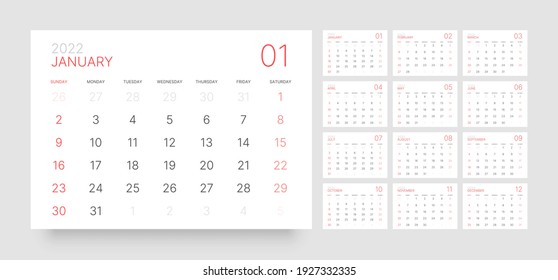 Nj Motion Calendar 2022 Wall Desk Calendar Template 2022 Week Stock Vector (Royalty Free) 1927332335