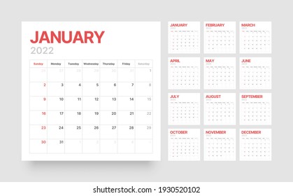 Wall or desk calendar template for 2022 with week start on Sunday. Square shape.