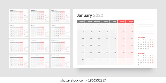 Wall or desk calendar template for 2022 with week start on Monday.