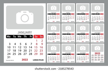 Wall or desk calendar template for 2022. Week start on Monday. Planner diary template with place for photo. Monthly calendar.