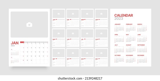 Wall or desk calendar template for 2023 with week start on Sunday. Diary planner template with place for photo.