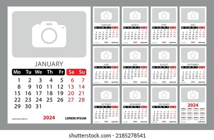 Wall or desk calendar template for 2024. Week start on Monday. Planner diary template with place for photo. Monthly calendar.