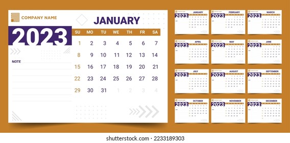 Wall or desk calendar template design for 2023 with note space on the left. Corporate and business calendar. 2023 calendar in modern style, Week Starts Sunday