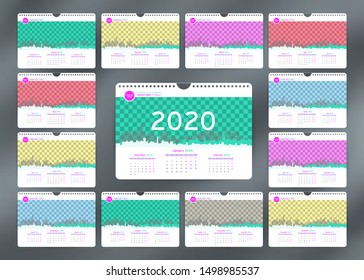 Wall or Desk Monthly Calendar for Year 2020. Vector Template in trend color with three month at page and Space for Photo and Corporate elements. Landscape Orientation. Week starts monday