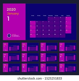 Wall or Desk Monthly Calendar for Year 2020. Vector Design Template with Space for Notes and Corporate elements. Business planner, organizer Landscape Orientation. Set of 12 Months. Week starts Sunday
