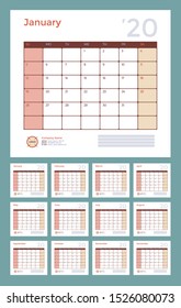 Wall or Desk Monthly Calendar for Year 2020. Vector Design Template with Space for Notes and Corporate elements. Business organizer Landscape Orientation. Set of 12 Months. Week starts Sunday