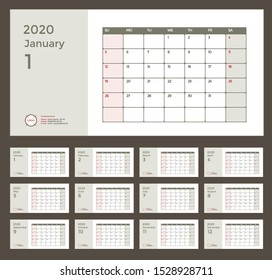 Wall or Desk Monthly Calendar for Year 2020. Vector Design Template with Space for Photo and Corporate elements. Landscape Orientation. Set of 12 Months. Week starts Sunday