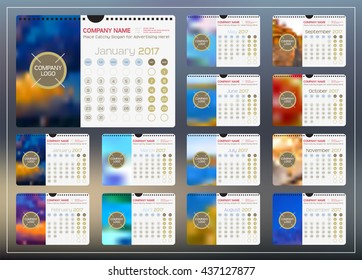 Wall or Desktop Monthly Calendar for Year 2017. Vector Design Template with Space for Photo and Corporate elements. Landscape Orientation. Set of 12 Months. Week starts monday. 