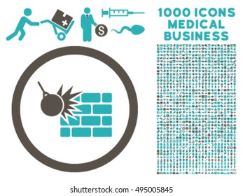 Wall Destruction icon with 1000 medical commerce grey and cyan vector pictograms. Collection style is flat bicolor symbols, white background.