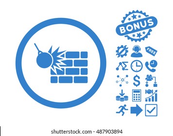 Wall Destruction icon with bonus elements. Vector illustration style is flat iconic symbols, cobalt color, white background.