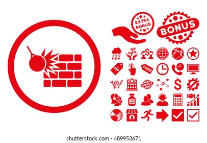 Wall Destruction icon with bonus pictograph collection. Vector illustration style is flat iconic symbols, red color, white background.