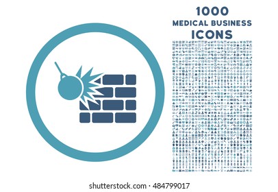 Wall Destruction rounded vector bicolor icon with 1000 medical business icons. Set style is flat pictograms, cyan and blue colors, white background.