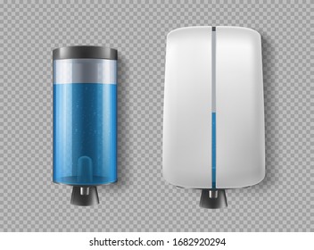 Wall dispenser for antibacterial soap and liquid antiseptic. Pump and automatic lather containers for bath or toilet room set isolated on transparent background, Realistic 3d vector icons, clip art